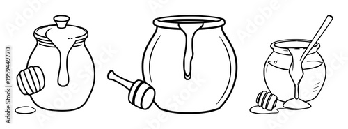 Honey pot and dipper icon set with simple line art design featuring line art, illustrations, graphic resources with vector and design elements