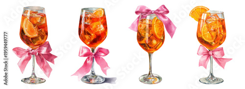Refreshing drinks artwork with aperitif cocktails decorated with pink bows and orange slices, illustrating summer leisure, celebration, and festive cheer