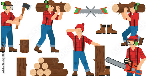Lumberjack worker cartoon set with axe chainsaw and logs, vector illustration collection of woodcutter characters in different actions and forestry equipment