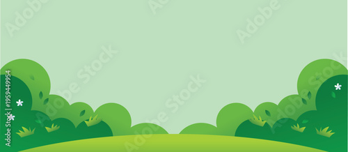 Cartoon green landscape background with lush bushes and fresh grass under bright sky for nature themed illustration or park scene for children storytelling