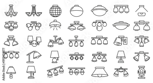 Collection of various ceiling lights and lamps illustrated in black and white.