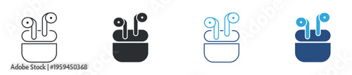 Wireless earbuds and audio device icon set. Bluetooth headphones, music listening and mobile audio concept. Vector illustration.
