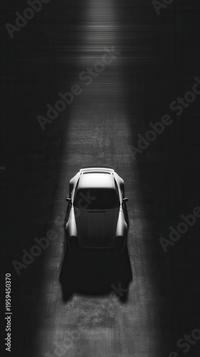 Minimalist high angle top view of sports car driving on dark road with overhead light cinematic poster