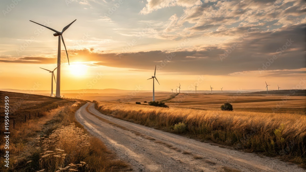 Obraz premium Wind turbines along rural road at golden sunset, renewable energy landscape with dramatic sky and countryside fields, sustainable power generation concept for environment and climate change