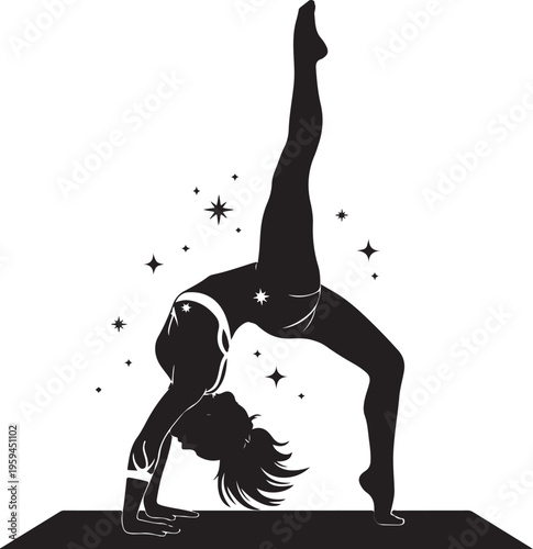 Silhouette of a woman doing a handstand with one leg up, Generative Ai