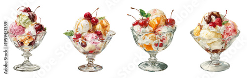 Assorted ice cream sundaes served in classic glass bowls, each brimming with creamy scoops, vibrant fruit, sweet toppings, and maraschino cherries, representing various dessert options