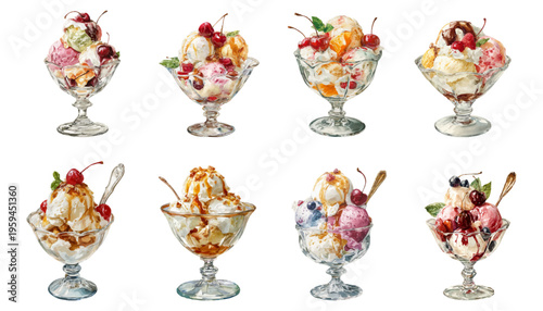 Eight vibrant ice cream sundaes in crystal glasses on white background, topped with whipped cream, sauces, fresh fruits, nuts and cherriescolorful summer dessert collection