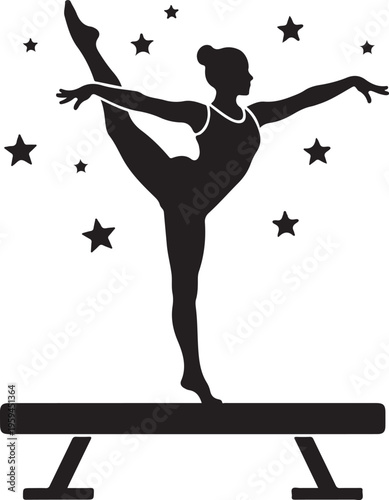 Silhouette of gymnast on balance beam with stars, Generative Ai