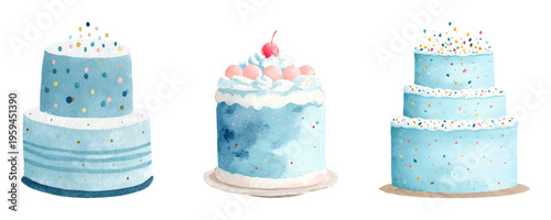 Watercolor collection featuring various blue celebration cakes decorated with colorful sprinkles, cream, and a cherry, perfect for birthdays, parties, and sweet dessert themes
