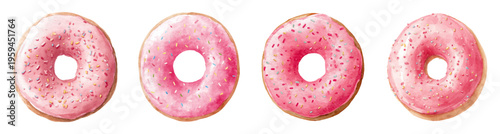 Watercolor donuts set featuring sweet pastel pink glazed pastries with colorful sprinkles, creating a cheerful dessert illustration for treats, baking, and snacks