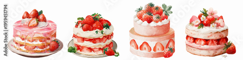 Fotografie Hand painted watercolor collection of strawberry cakes and shortcakes with cream