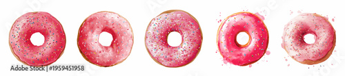Row of five watercolor donuts with vibrant pink glaze and colorful sprinkles, creating a sweet and whimsical dessert illustration for bakery themes