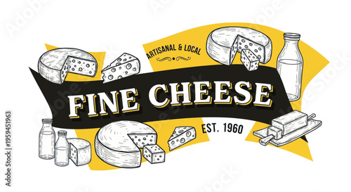Fine Cheese Artisanal Local Food Products Illustration with Milk Bottles and Butter