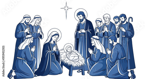 Nativity Scene Illustration: Mary, Joseph, Baby Jesus, Shepherds, and Star