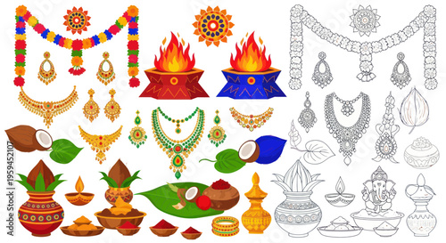 Indian Wedding Ceremony Rituals & Jewelry Collection - Color & Line Art