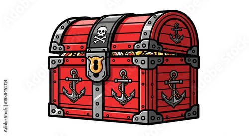 Open Pirate Treasure Chest Filled with Gold Coins and Skull Symbol