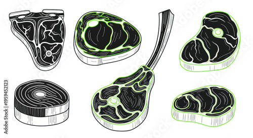 Raw Meat Cuts Set, Hand Drawn Sketch Style, Isolated on White Background