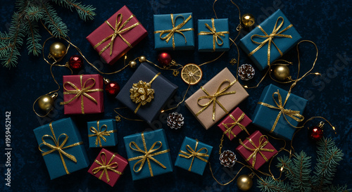 top view of festive colorful gift boxes on blue background