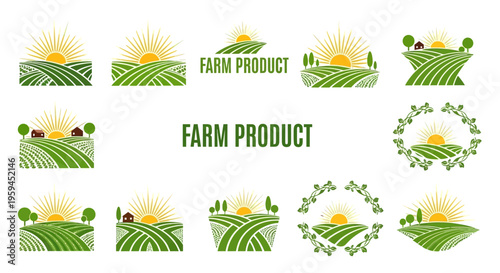Agriculture and Farm Product Logo Collection with Green Fields and Sun