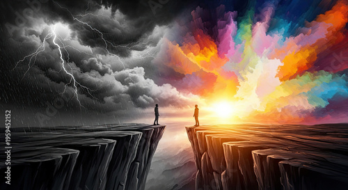 Two figures standing on cliffs facing contrasting stormy sky and vibrant sunset, Concept of Conceptual  