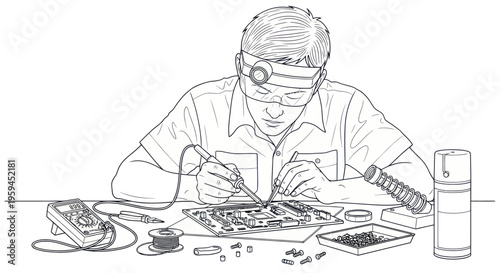Technician Soldering Circuit Board with Tools and Magnifying Headlamp
