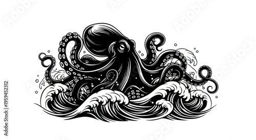 Black Octopus Illustration in Crashing Waves, Nautical Tattoo Style
