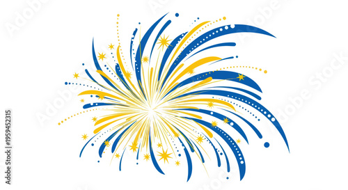 Bursting Blue and Yellow Fireworks Sparkler on White Background