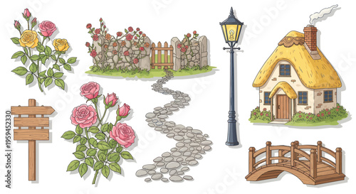 Charming Cottage, Stone Path, Roses, Wooden Bridge & Lamp Post - Storybook Elements