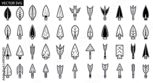 Collection of Arrowheads, Lithic Tools, Primitive Weapons, Vector Icons
