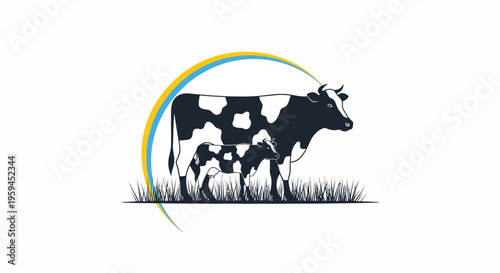 Cow and Calf Silhouette Logo on Grass with Abstract Sun Arc, Dairy Farm Livestock Illustration for Organic Agriculture and Milk Branding