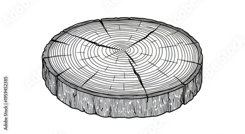 Cross-section of a tree trunk with visible growth rings and cracks, black and white illustration