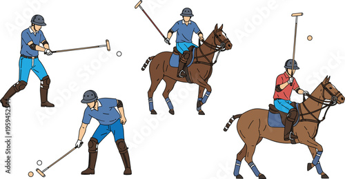 Polo sport players with horses and mallets in action, vector illustration set of equestrian game scenes with athletes playing polo match