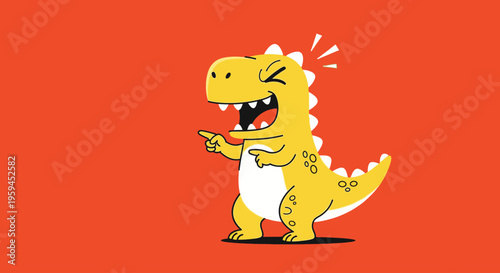 A cartoon yellow dinosaur with white spikes and a white belly pointing to the left against a solid orange background with a comical expression.