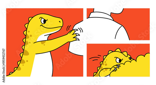 Comic strip of a smiling yellow dinosaur character interacting with a white object on a red background in a humorous sequence.