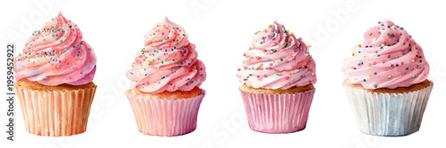 Sweet watercolor cupcakes with vibrant pink frosting and colorful sprinkles, creating a cheerful art illustration for celebration, dessert, and treat themes