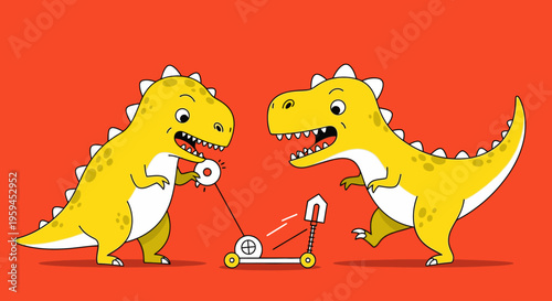 Two yellow cartoon dinosaurs playing with a toy bicycle on an orange background with white accents.