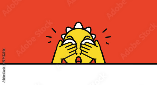 A cartoon dinosaur peeking over a white surface with hands covering its face on a red background.