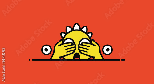 Flat illustration of a yellow dinosaur peeking over a line with its hands covering its eyes on a red background.