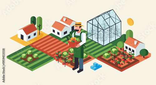 Isometric Farmer with Organic Vegetable Harvest in Modern Greenhouse and Garden Illustration