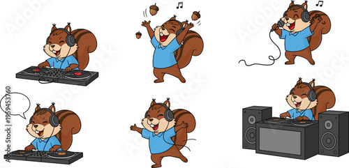Cute Cartoon Squirrel DJ Character Set Collection Featuring Funny Forest Animal Wearing Headphones Mixing Music Singing Karaoke Dancing And Juggling Acorns On White Background