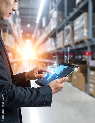 A man in a suit uses a tablet displaying a global network map in a warehouse, with goods on shelves in the background. Light beams emanate from the screen
