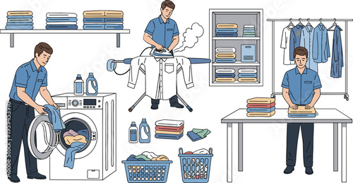 Laundry service workflow with washing ironing and folding clothes, detailed vector illustration of housekeeping tasks and cleaning process in home environment
