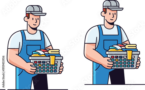 Laundry worker holding basket of clothes in different poses, vector illustration set of housekeeping service and daily cleaning tasks in flat style