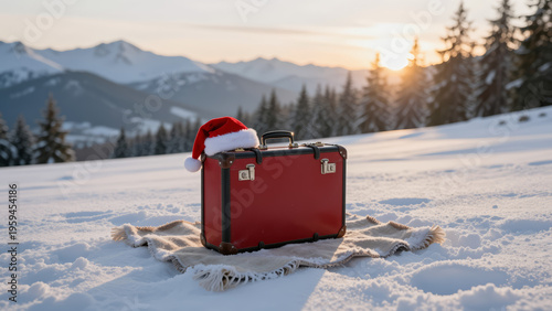 Vintage Suitcase with Santa Hat on Snowy Alpine Field – Winter Travel Concept for Ski Vacation Packages and Holiday Marketing