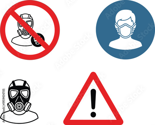 Safety sign set featuring gas mask prohibition, mandatory face mask, and general warning symbols Vector