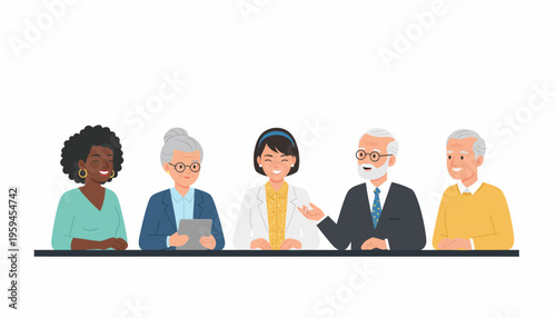 Diverse group of people sitting at a table discussing and looking happy