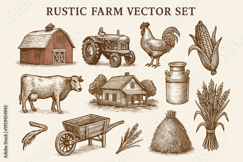 Set for rustic farm designs with animals and crops. Ideal for agriculture businesses looking for a vintage touch.