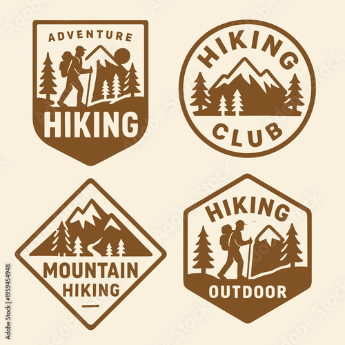 Set featuring brown hiking adventure mountain outdoor club stickers. Suitable for outdoor enthusiasts and adventure clubs branding.
