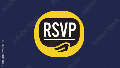 A graphic featuring "RSVP" in white text, black background, and a yellow, stylized frame on blue