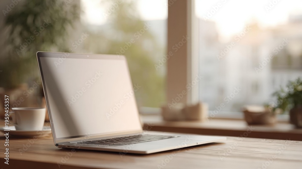 Fototapeta premium Laptop computer sitting on a wooden table in front of a large window. the laptop is open and the screen is blank, with no text or images on it.